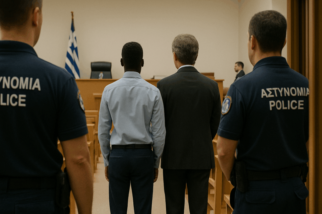 Griechenland, Kreta.
Die lebenslangen Haftstrafen, denen alle drei ausgesetzt waren, konnten abgewendet werden — jedoch nur durch ein Schuldbekenntnis. Dies wirft ernsthafte Bedenken hinsichtlich der Natur von 