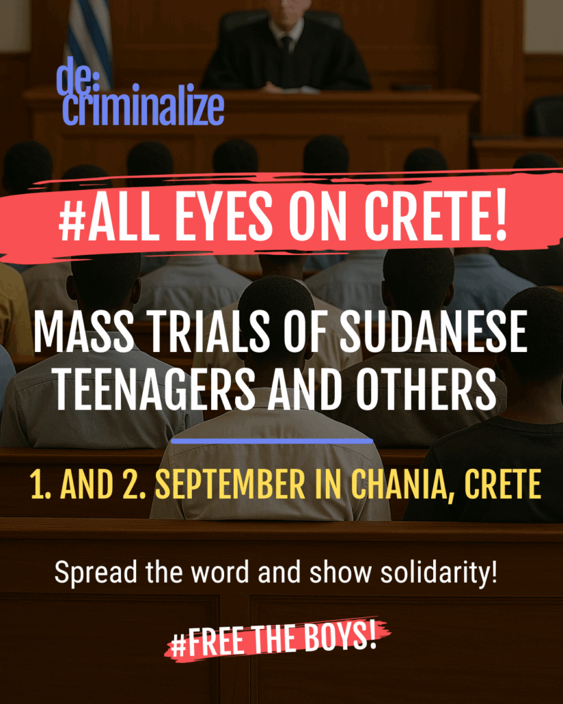 Griechenland, Kreta.
Am 1. und 2. September sollen Dutzende junge sudanesische Männer und Jungen sowie Menschen anderer Nationalitäten in  in Schmuggelfällen vor Gericht stehen.